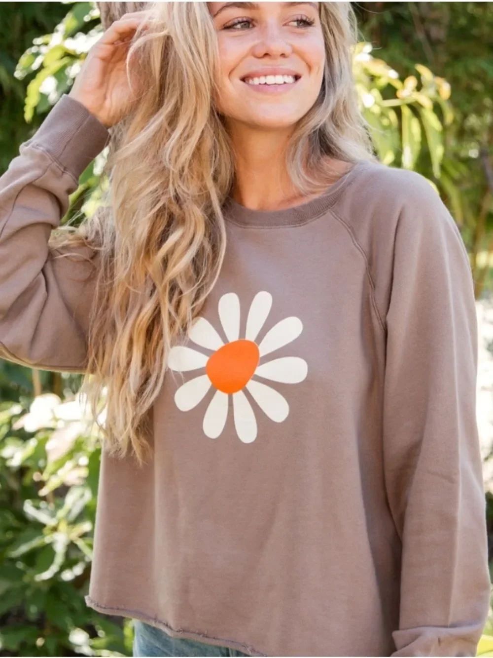 Natural Life Cropped Daisy Sweatshirt Brown Womens Small